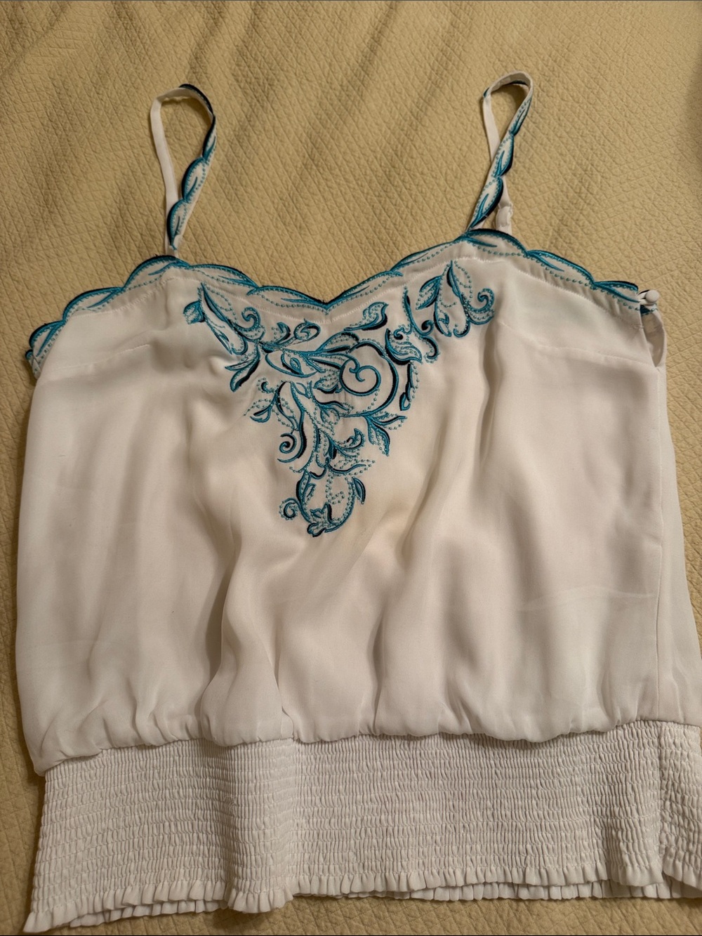 WHBM White Satin Camisole with Teal Embroidered Detail
